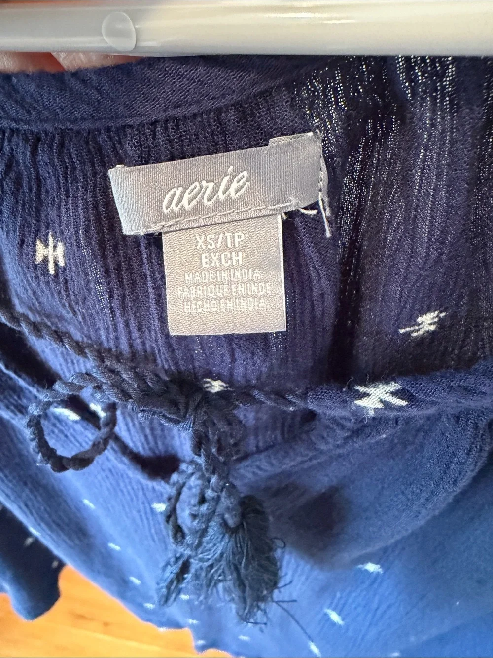 aerie Navy Tassel V-Neck Tunic with White Embroider Size XS
